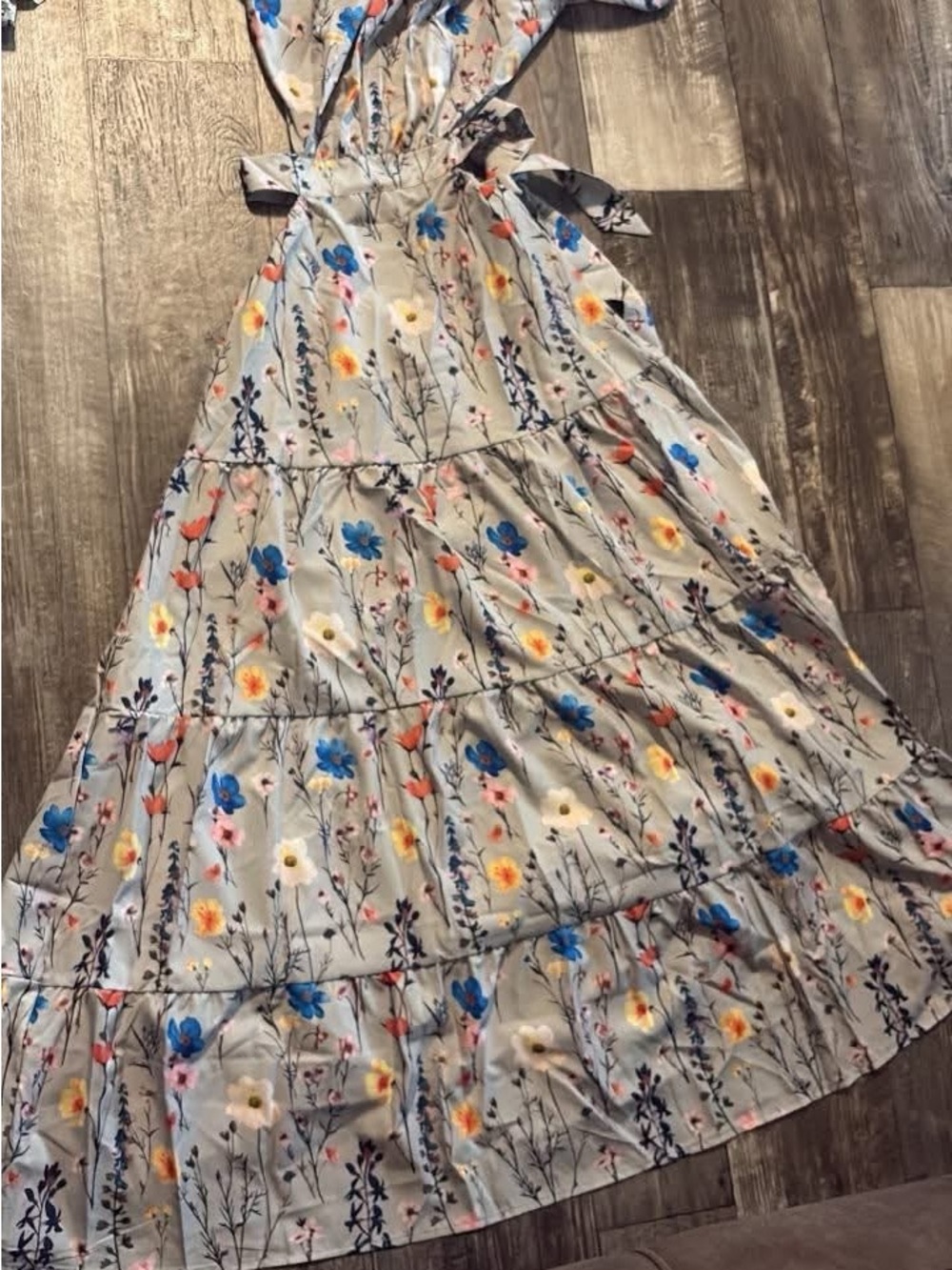 Women’s Floral Tiered Maxi Dress in Light Gray with Multicolor Flowers